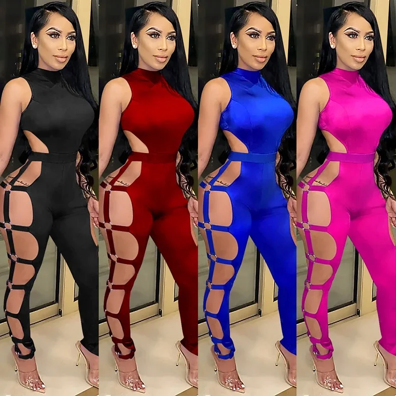 Sexy Black Bodycon Jumpsuit Romper Women Overalls Backless Hollow Out Club Night Outfits Elegant Rompers Womens Jumpsuit Catsuit