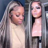 Peluca con malla Frontal recta de hueso gris resaltado negro pelucas frontales de encaje 13X4 densidad 200% lista para usar prearrancado para Wemon