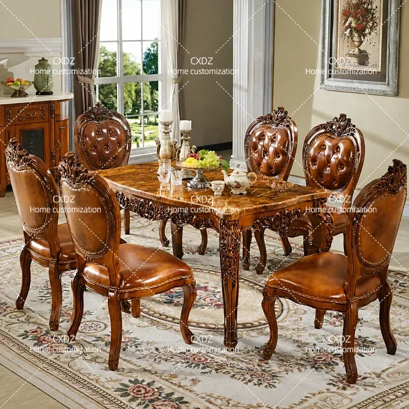 European Style Rectangular Dining Table Solid Wood Frame with Marble Top Carved Design Square Kitchen Table for Home
