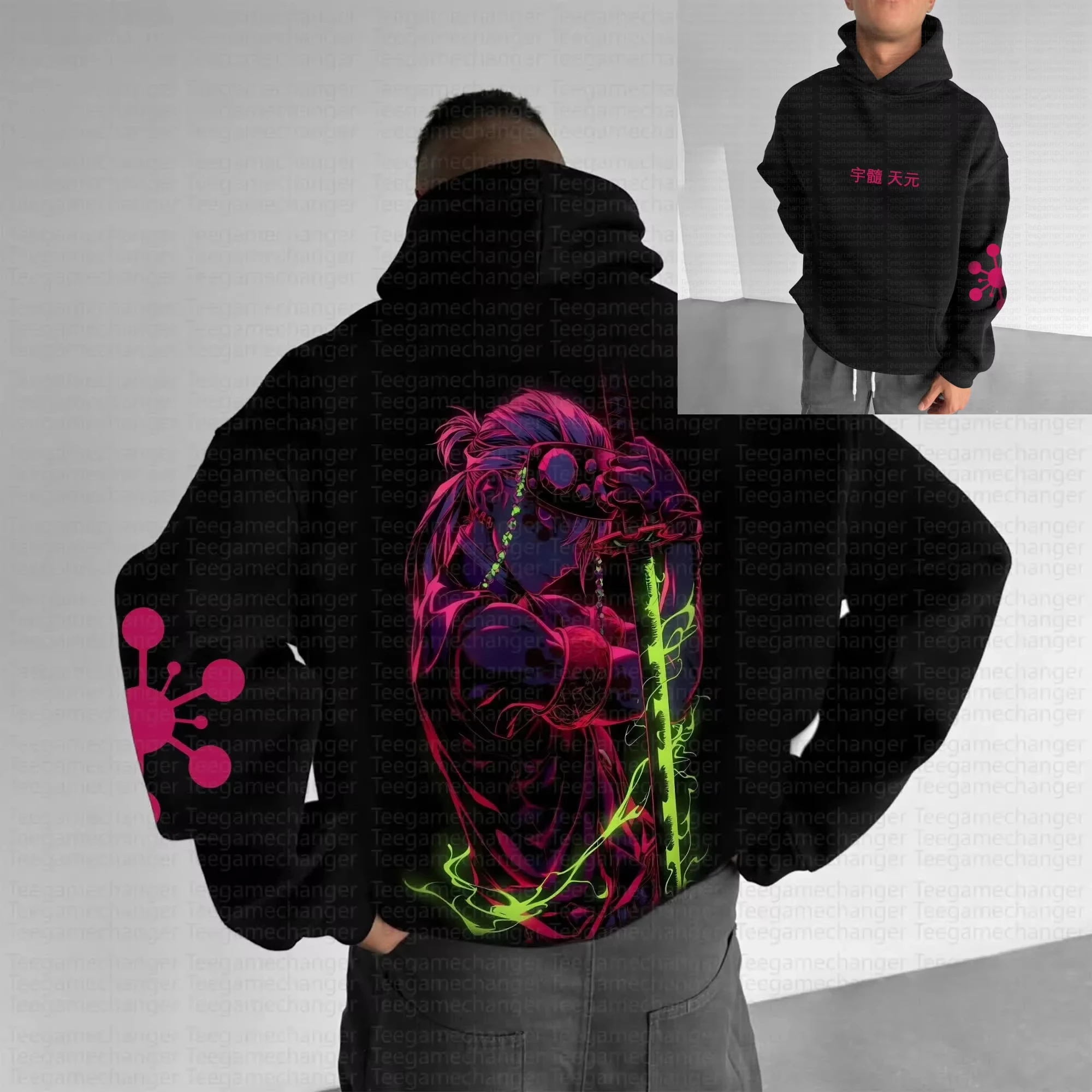 شيطان القاتل أنيمي مزدوجة الوجهين مطبوعة هوديي 2025 الرجال الخريف/الشتاء جديد اليابانية Harajuku نمط تنوعا بلوزة فضفاضة غير رسمية