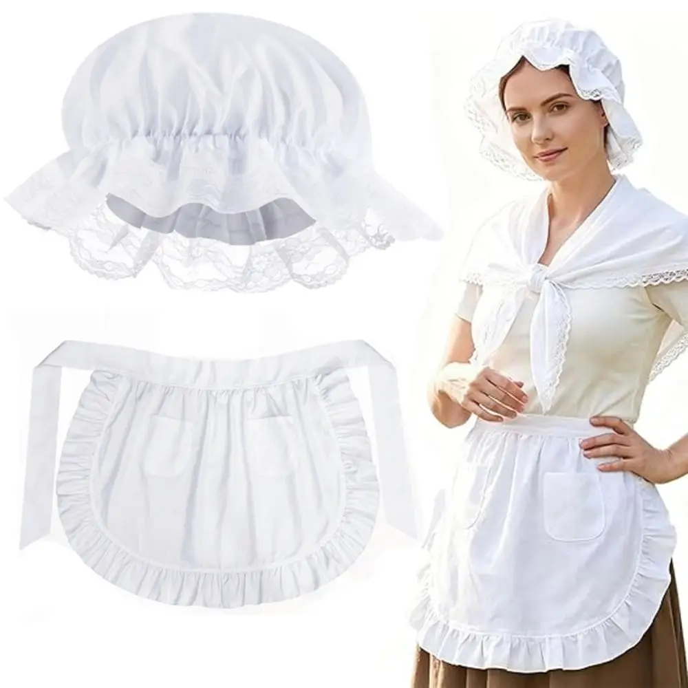 Fashion Lace Trim Mob Cap Elastic Band Stretchable Fit Maid Bonnet Ruffled Brim Colonial Bonnet Historical Costumes