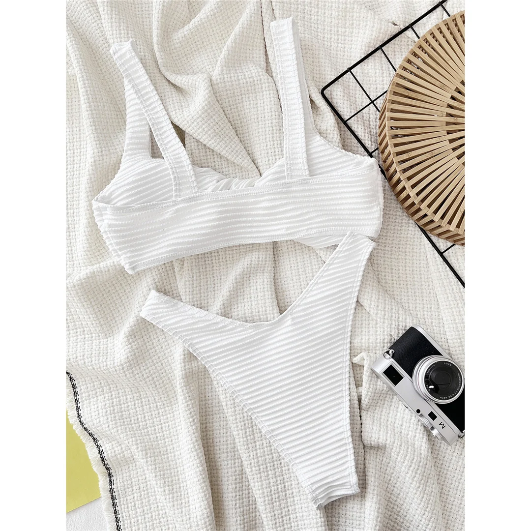 Gerippter, geknoteter, brasilianischer Bikini mit hohem Beinausschnitt, Damen-Badeanzug, zweiteiliges Bikini-Set, Badebekleidung, Badeanzug, Schwimmanzug V5845 – Detail 10