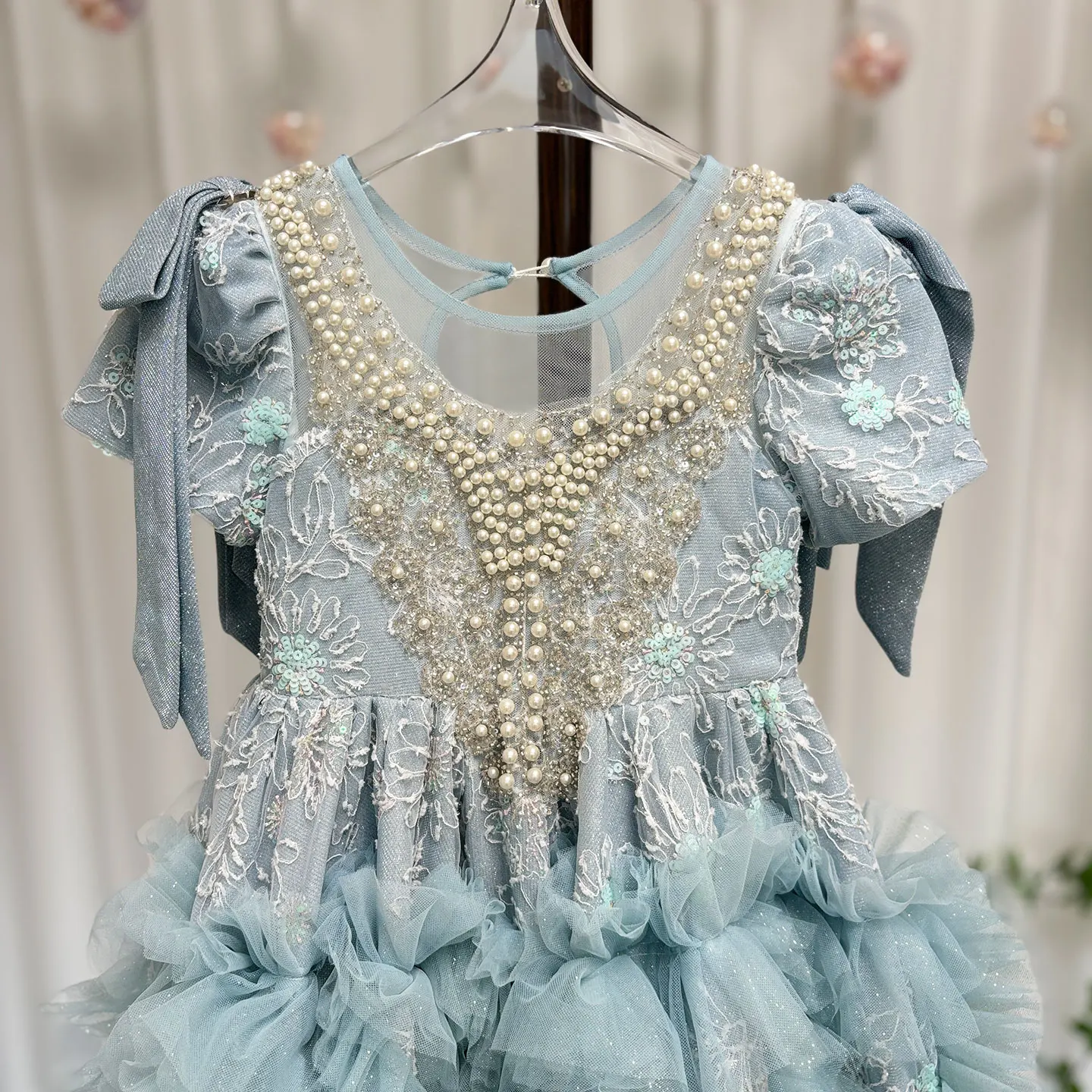 Jill Wish Luxury Arabic Flower Girl Dress Dubai Blue Pearls Beaded Princess Gown for Kid Birthday Wedding Party Pageant J020