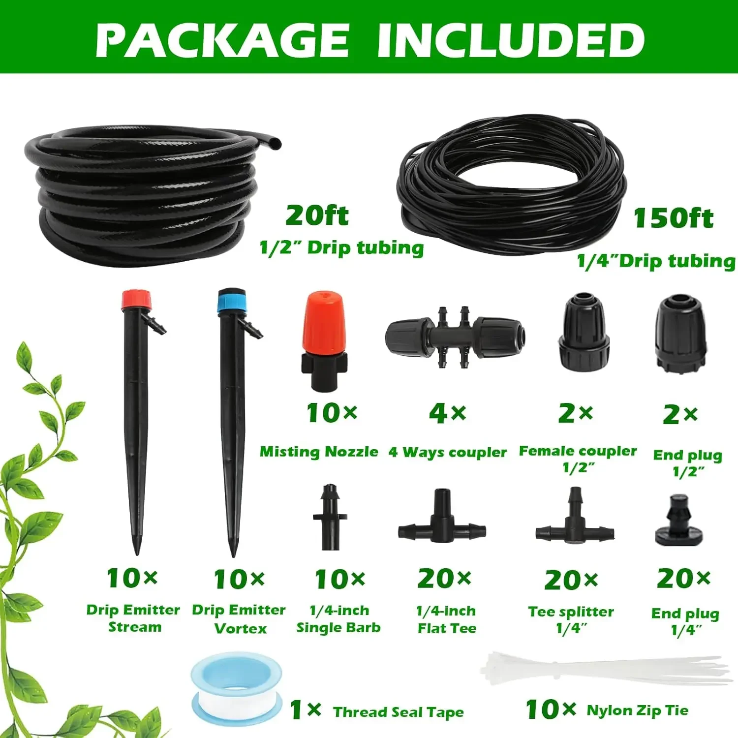 Automatic Garden Watering Misting System for Greenhouse, Yard, Lawn, Plant with 1/2 inch Hose 1/4 inch Distribution Tubing