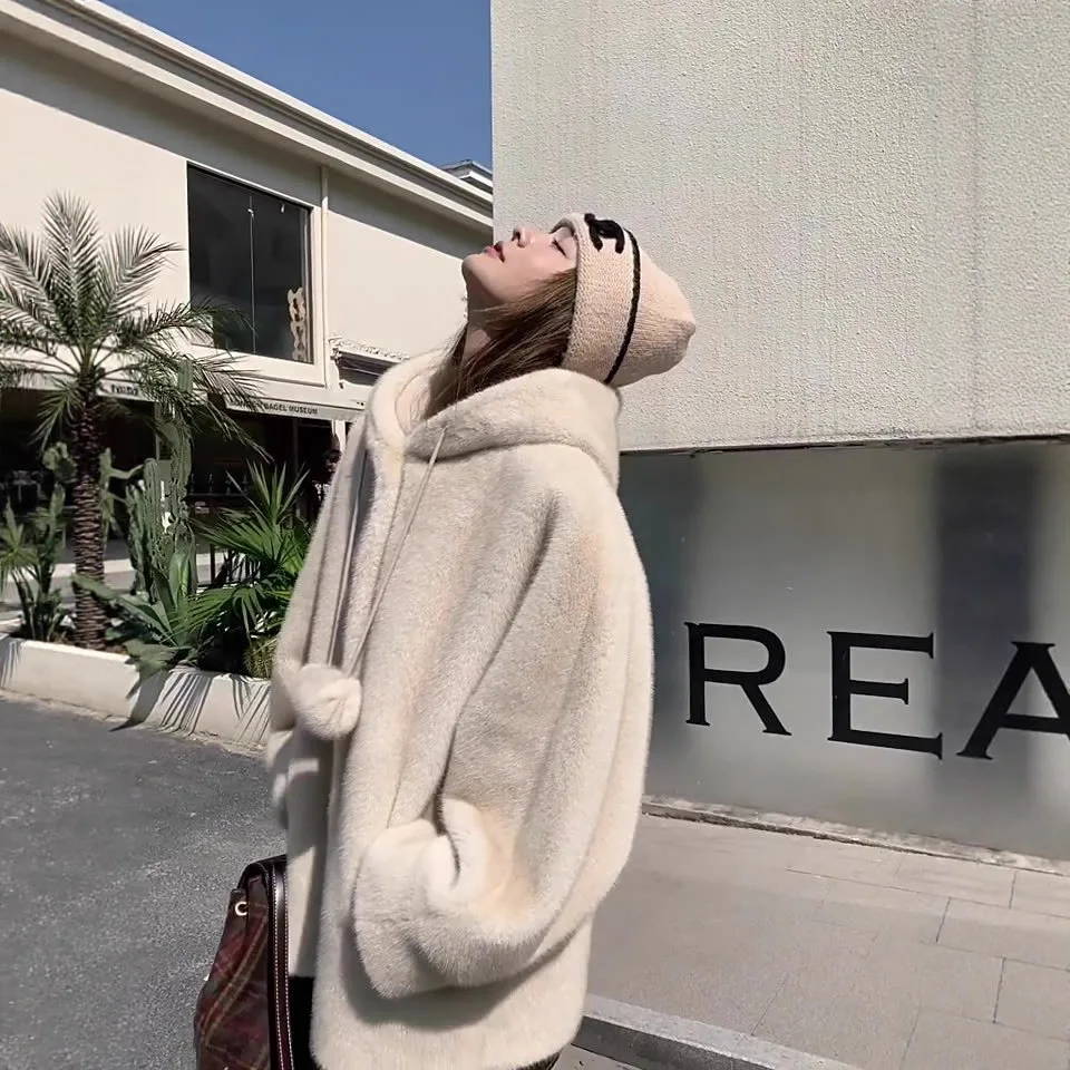 

2025 Winter Women Faux Fur Jackets Hooded Coat Thick Warm Fluffy Lady Mink Fur Outerwear Shaggy Chic Female Eco Fur Overcoat