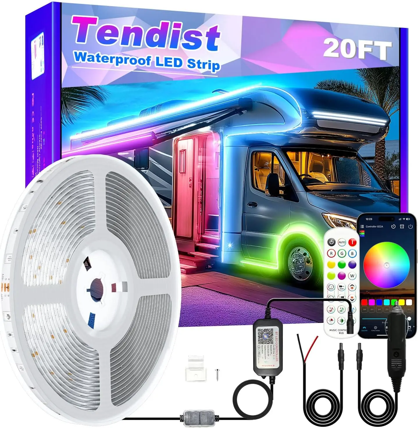 

20FT Waterproof RV Awning LED Light Strip, 12V RGB Underglow Kit for Campers, Vans, and Trailers