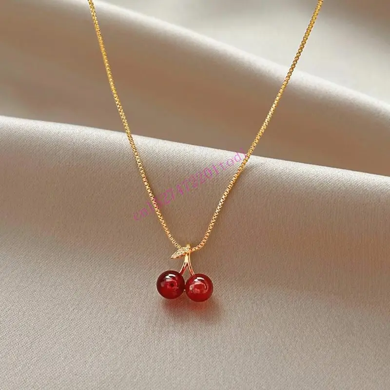M76B Dainty Red Cherry Charm Metal Chain Countles