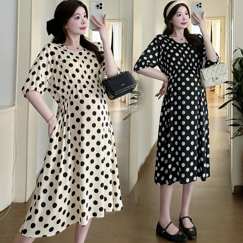 

Pregnant Women's Summer Fashionable Oversized Dress with Side Pockets Short Sleeve O-Neck Plus Size Maternity Polka Dot Dress