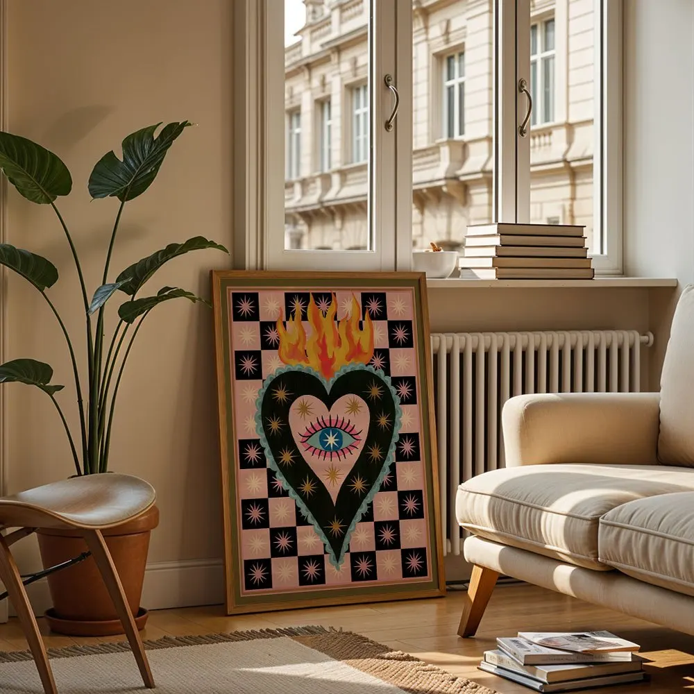 Bohemian Flaming Heart With Eyes Canvas Poster Wall Hanging, Wall Art For Living Room Bedroom