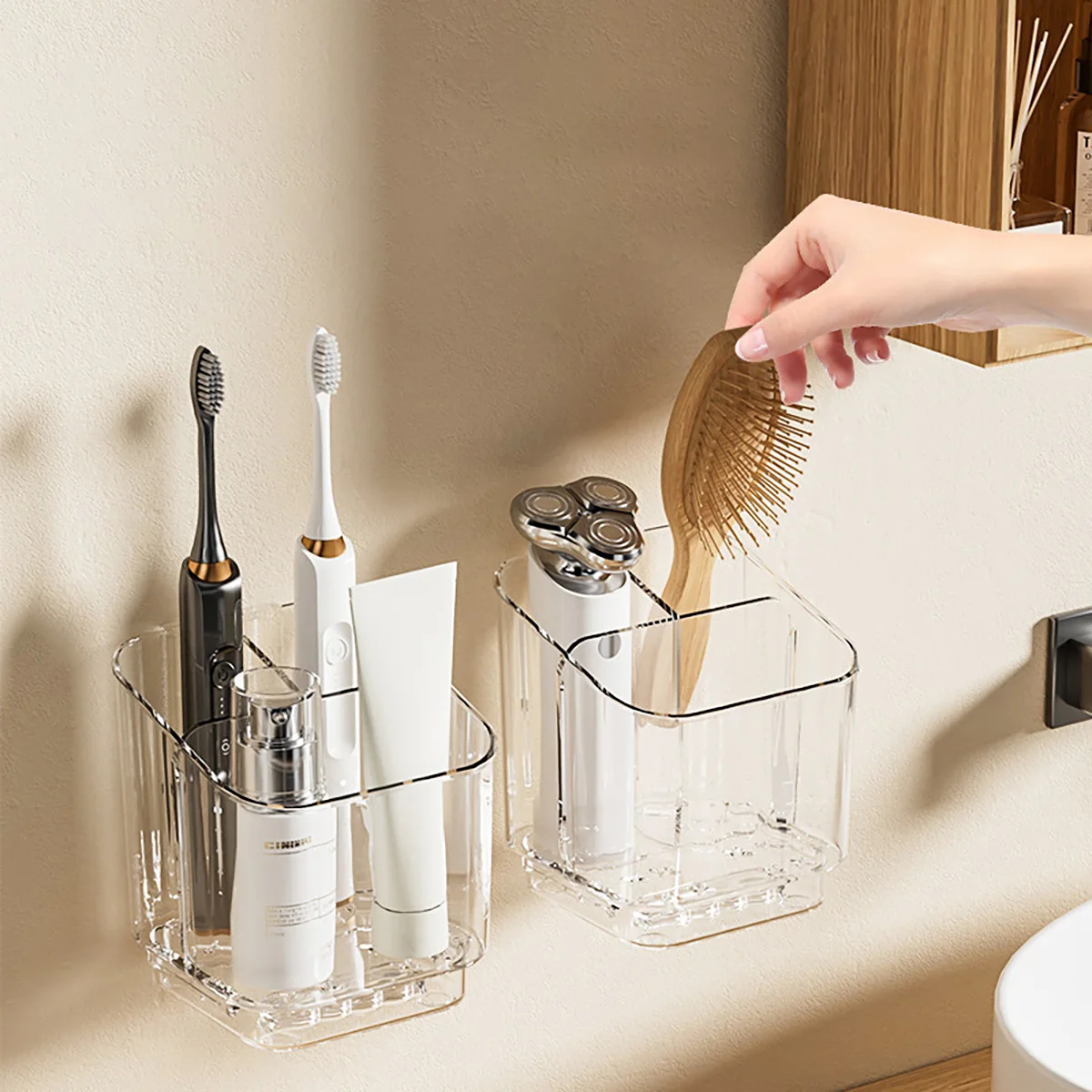 Toothbrush Storage Rack Large Capacity Bathroom Wall-Mounted Storage Box Plastic Organizer for Toothbrushes Toothpaste Razors To image 3