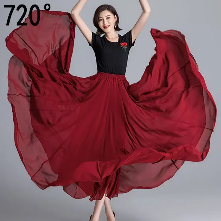 New 720 Degree Dance Skirt Pleated Long Skirt Women's Summer Solid Color High Waist Chiffon Long  Large Swing Skirt Colors