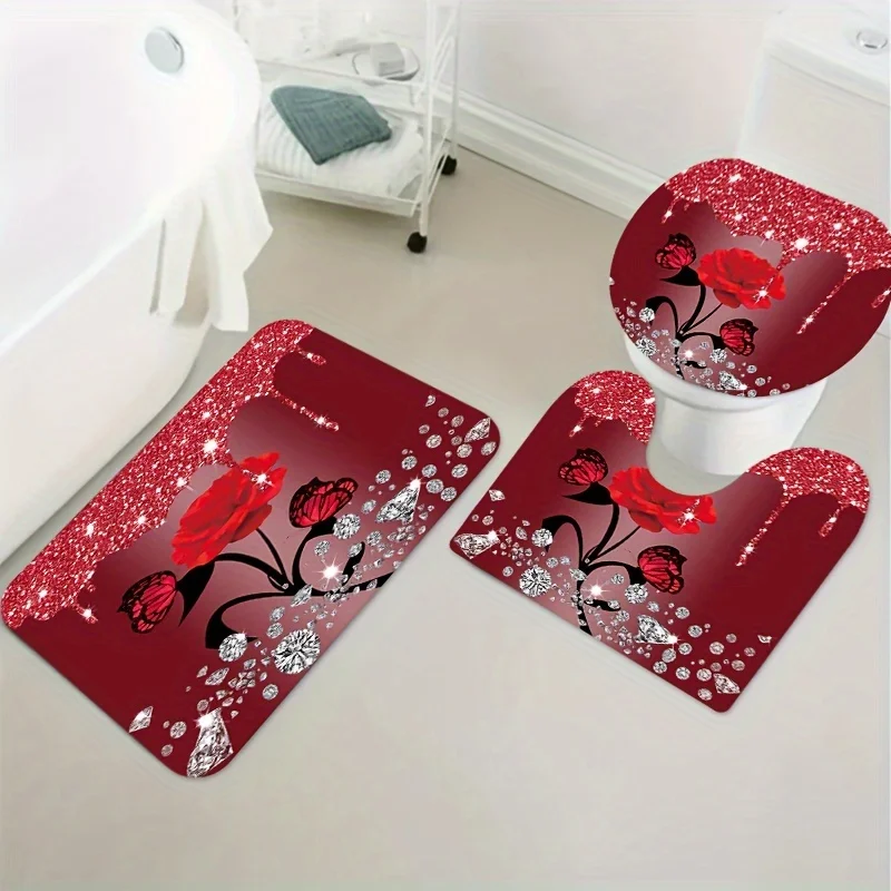 

Роскошный набор для ванной комнаты с красной розой и бриллиантами — мягкий и нескользящий контурный коврик, крышка унитаза и коврик для ванны для гламурного домашнего декора