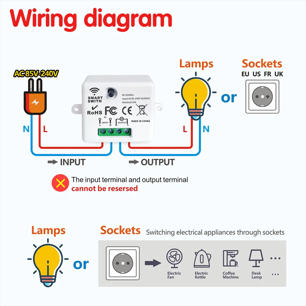 433mhz Rf Wireless Self-Powered Switch Push Button Kinetic Switch No Battery Need AC 220V 10A Interruptor for Home Appliance LED