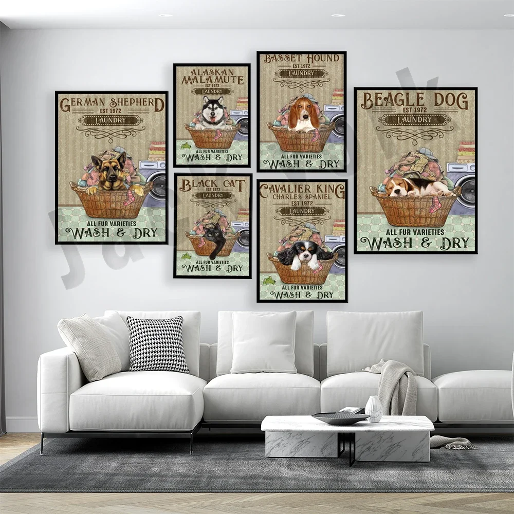 Alaskan Malamute, Black Cat, Beagle, Basset Hound, German Shepherd, Cavalier King Charles Spaniel Dog Washing Dry Laundry Poster