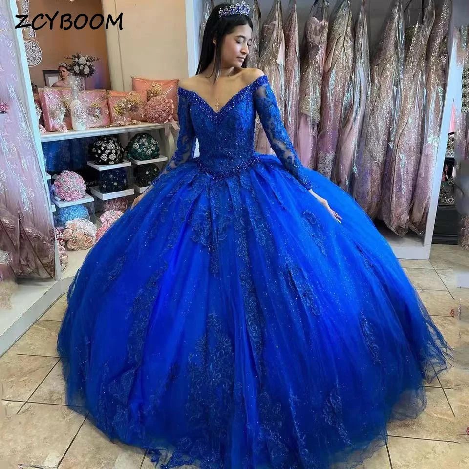 Luxury Blue V-Neck Sequin Off The Shoulder Evening Dress 2025 Ball Gown Appliques Floor Length Sweep Train Quinceanera Dress