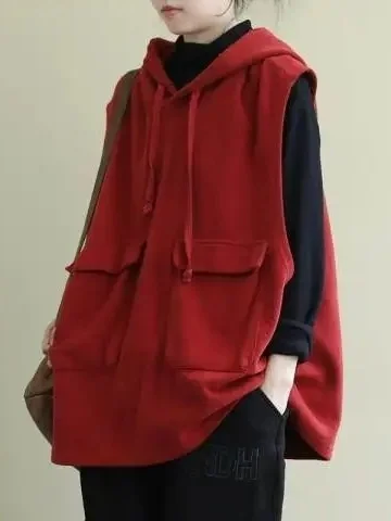 plus Size Casual Hooded Vest Jacket Women Early Autumn New Color Slimming Meat Covering Shoulder Pad Vest Korean Style