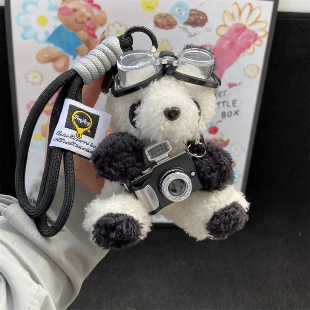 Adorável com óculos piloto urso chaveiro câmera de pelúcia panda boneca chaveiro animais bonitos urso boneca saco pingente charme