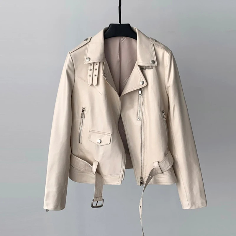 M-3XL femmes décontracté à lacets ceinture en peau de mouton vestes 2025 automne hiver blanc/rose femme courte en cuir véritable Biker veste vêtements