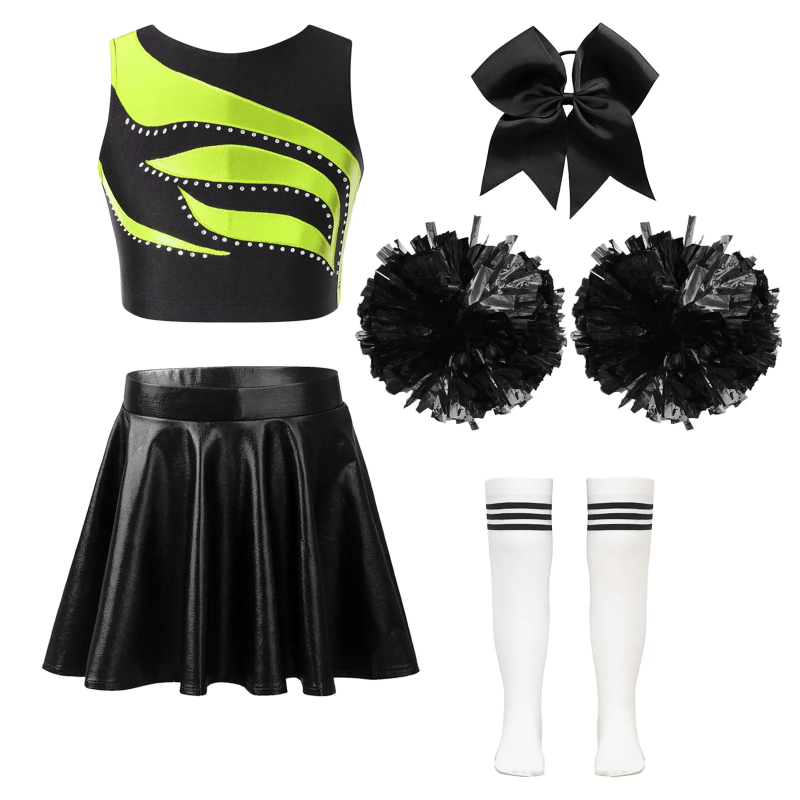 Kids Girls Outfits Cheerleader Uniform Cheerleading Outfits Sets Patchwork Crop Top Metallic Skirt Headwear Flower Ball Socks