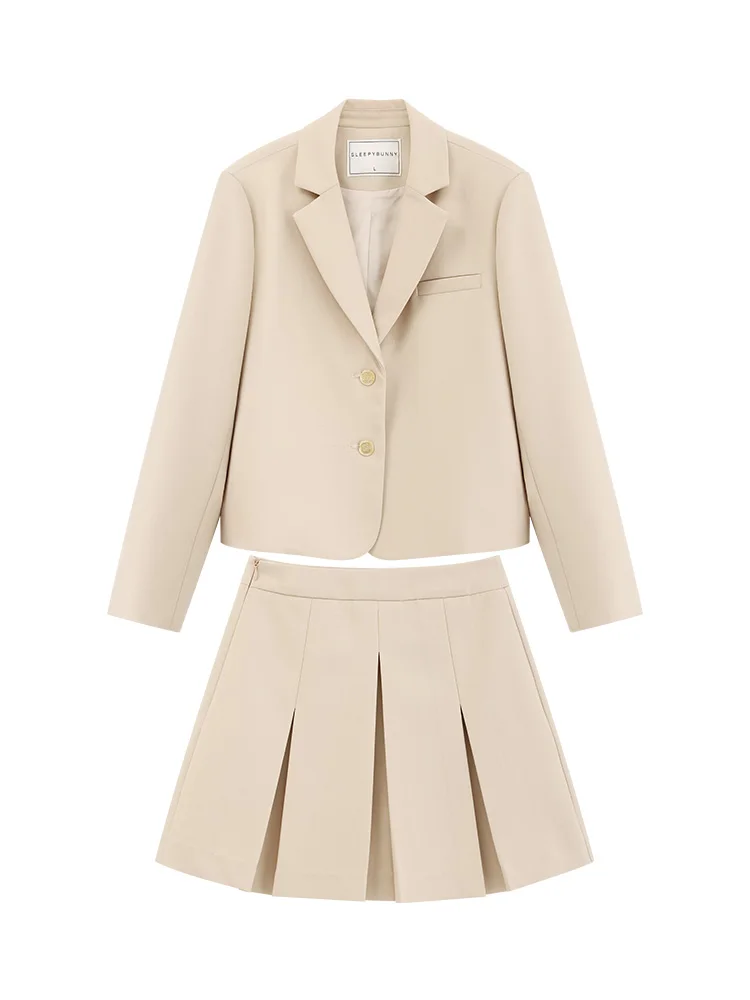 Blazer clásico de doble botonadura con hombros rectos y falda plisada, conjunto de dos piezas elegante y adelgazante