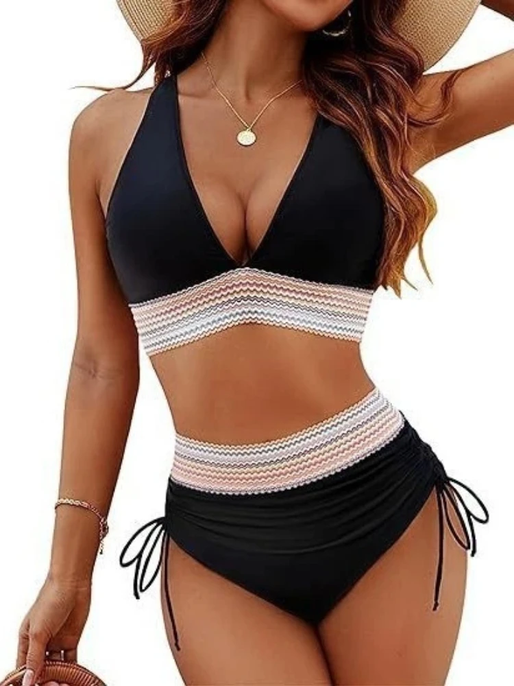 

2025 Sexy Deep V Bikini Set Women's High Waist Push Up Two Piece Swimsuit with Adjustable Ties Slimming Cheeky Bottom for Beach