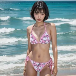 2024 sevimli kız seksi Bikini mayo HelloKitty baskı kadın mayo Bikini seti Beachwear iç çamaşırı esneklik tatil fişleri