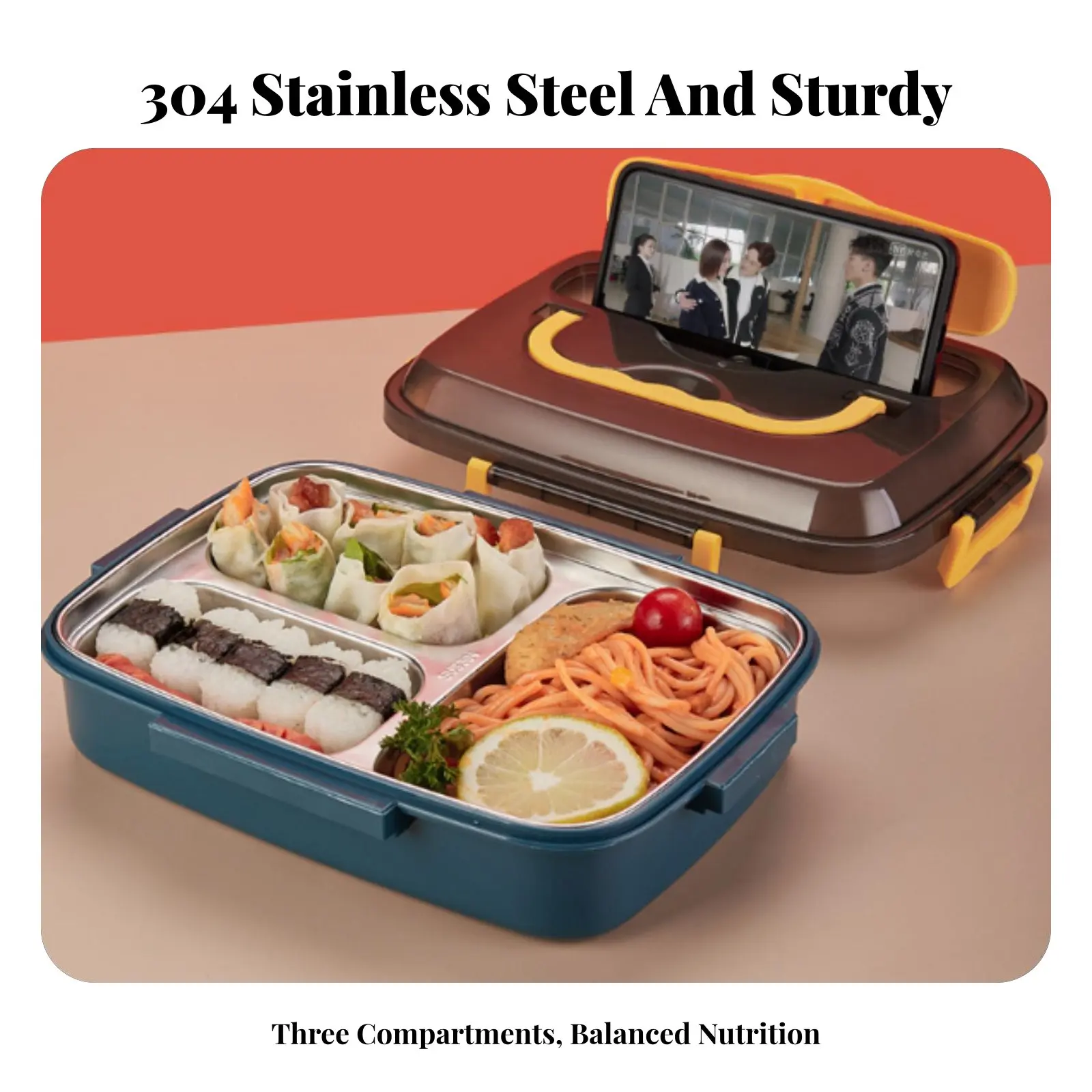 304 Stainless Steel Lunch Box, Insulated Bento Box, Leakproof Compartment Food Container for Students, Adults view 3