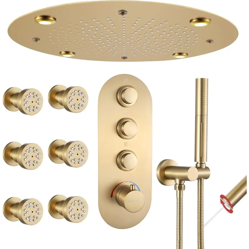 2025   Shower Faucet Set Brushed Gold Temperature Shower System,  6 PCS Dual Modes 2 Inch Body Jets With 2 In 1 Handheld