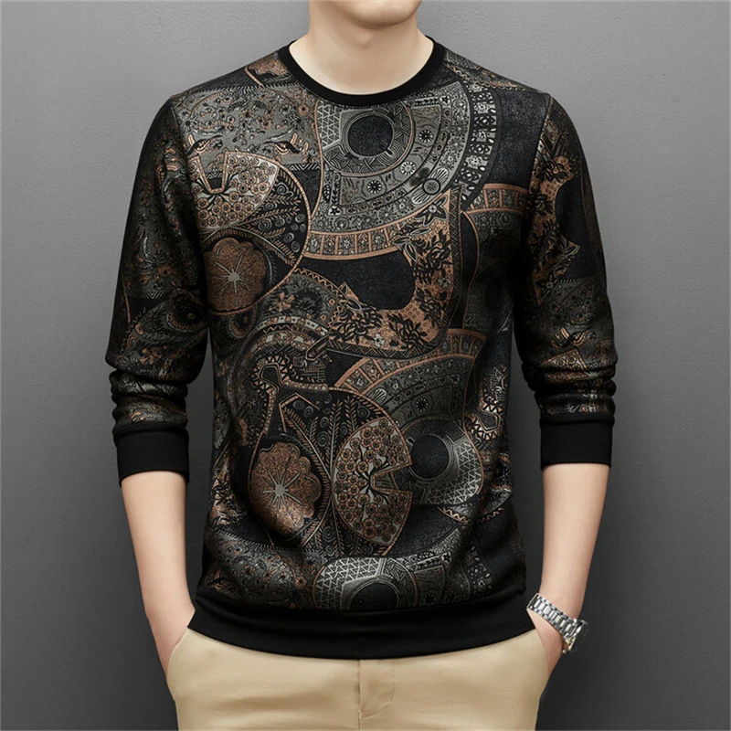 Blue Floral Print Velvet T Shirt For Men Long Sleeve Luxury Casual Winter Thick Quality Soft Comfortable 4XL Camisetas De Hombre