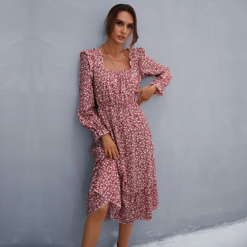 

VOLALO Spring Women Clothing Long Sleeve Floral Print Square Neck Dress Vestido Feminino Dresses For Women 2024 Autumn Winter