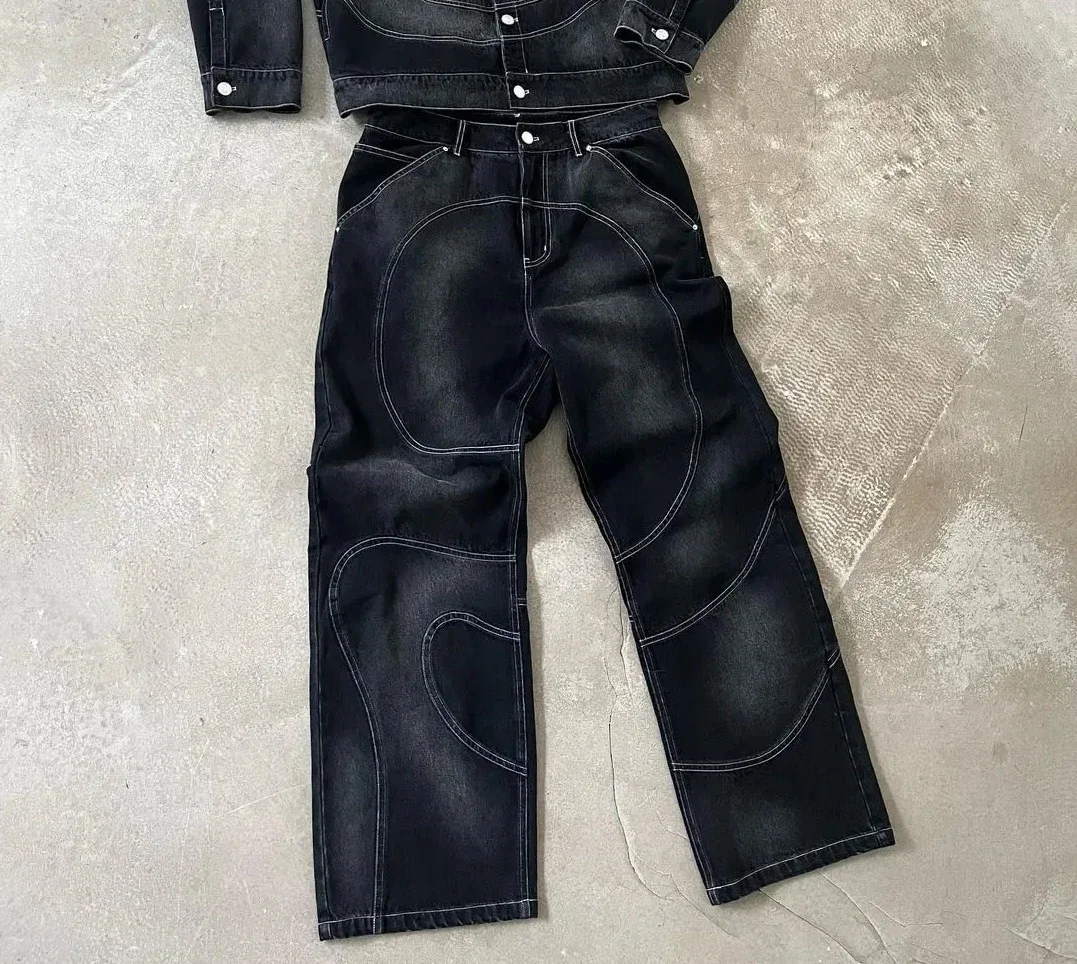 Y2k Vintage Baggy Jeans for Men Hip Hop Distressed Retro Black Pants Oversized Harajuku Gothic Wide Leg Trousers Streetwear