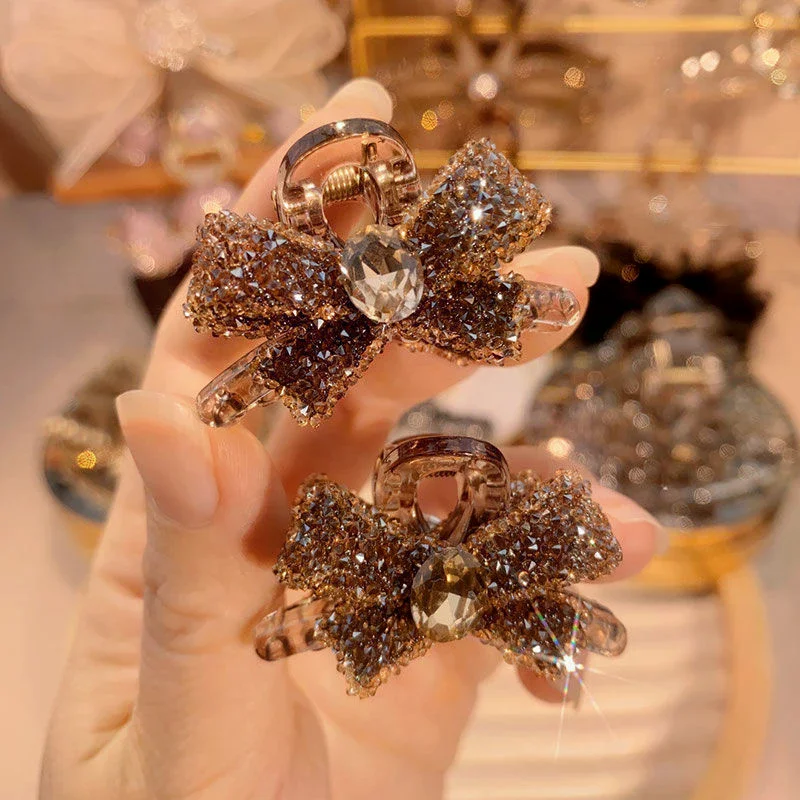 2Pcs Light Luxury Full Diamond Bow Small Shark Clips Cute Traceless Hair Accessories For Women Girls Temperament Hair Claw