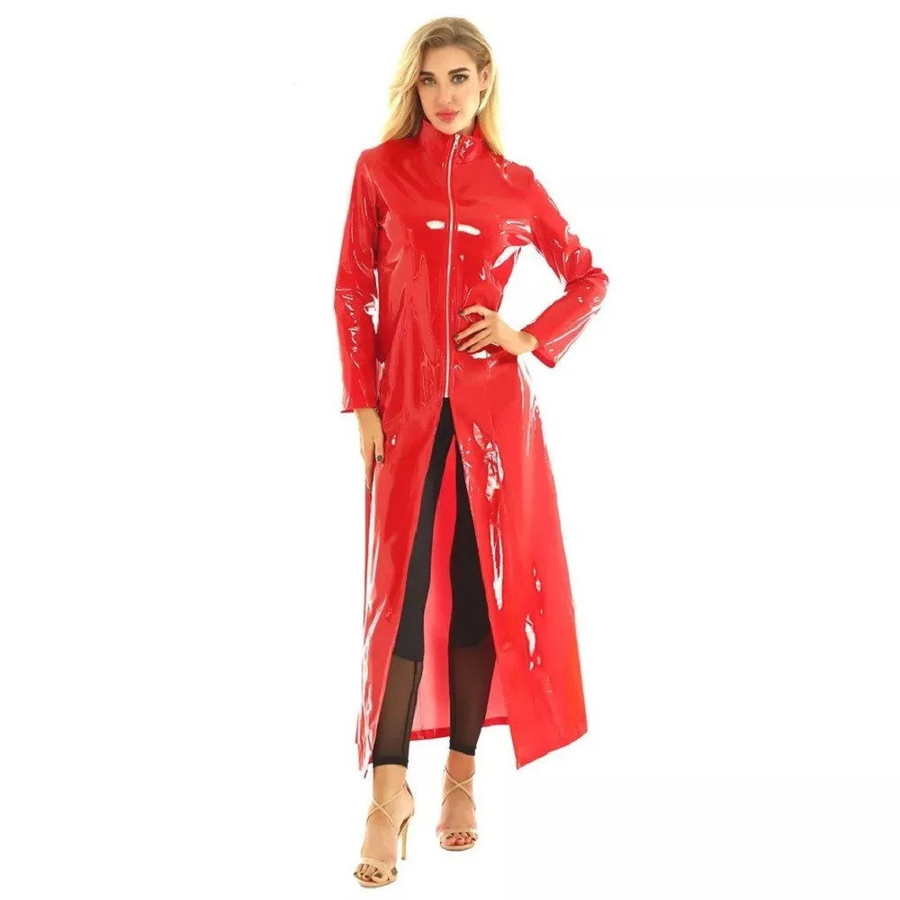 Customized Mirror Finish Patent Leather Super Bright Leather PU Red Skirt Sexy Women's Windbreaker Extra Long Jacket Jazz Pole