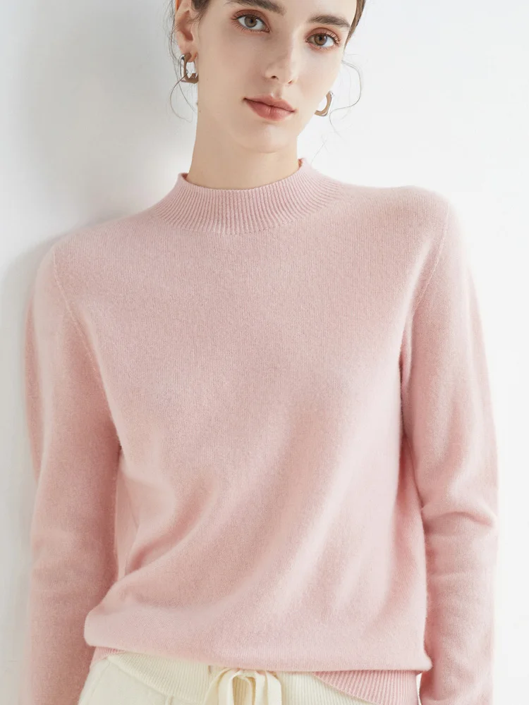 Autumn Winter Solid Mock-neck Pullover Sweater For Women 100% Merino Wool Casual Cashmere Knitwear Female Clothing Basic Tops