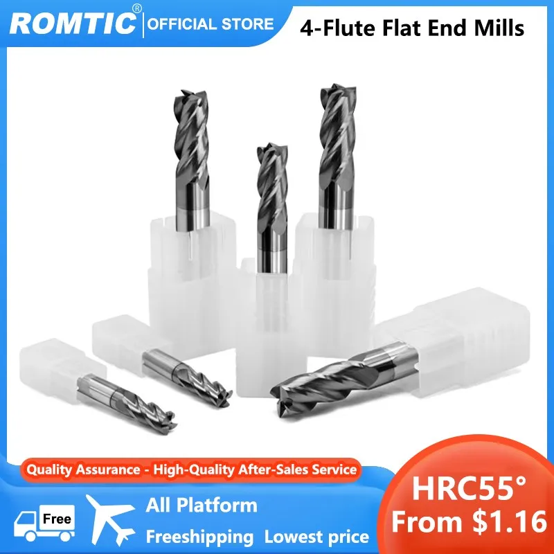 ROMTIC HRC55 4-Flute Milling Cutter Tungsten Steel Carbide Endmills CNC Mechanical Machining Black Nano Coating Endmills Tools