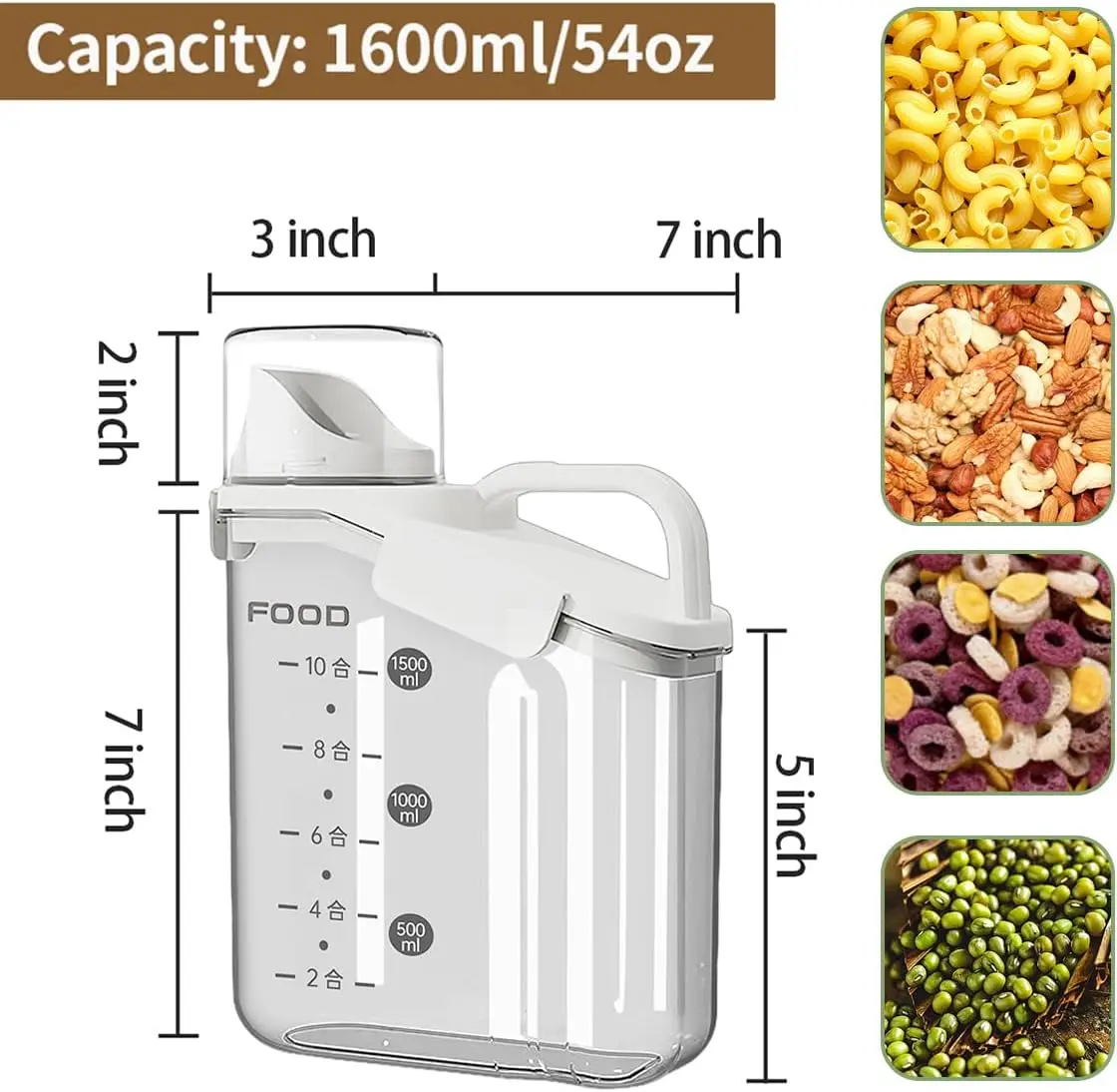 Compact Dry Food Cereal Storage Containers with Pouring Spout Measuring Cup for for Rice Nuts Beans Pet Food Snacks Candies