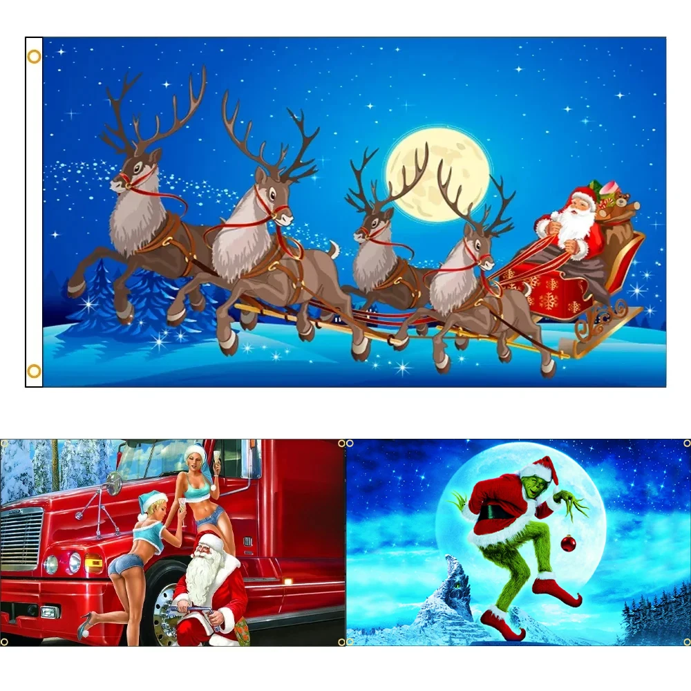 FLAGDOM Flying Banner 60x90cm 90x150cm with Grommets - Merry Christmas Santa Snowman Design for Decoration