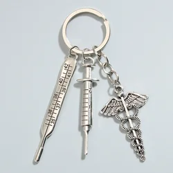 Medical Symbol Keychain Thermometer Syringe Key Ring Caduceus Mercurial Staff With Winged Snakes Key Chains Doctor Gifts Jewelry