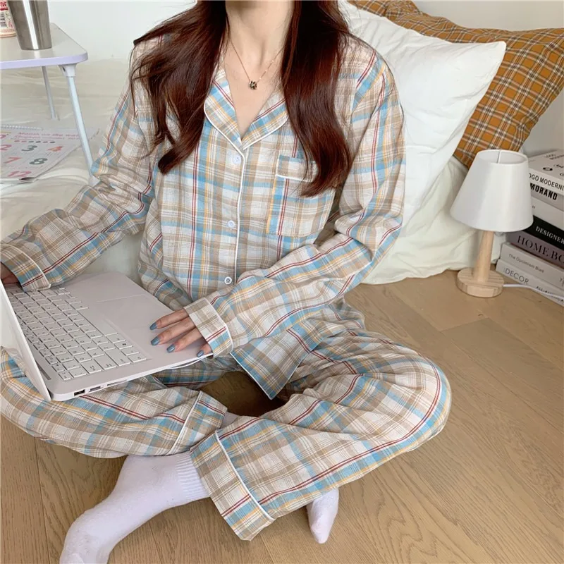 Nightwear Woman Vintage Plaid Long Sleeve Pants Student Loungewear Roll-Neck Cardigan Solid Color Four Seasons Korean Sleepwear