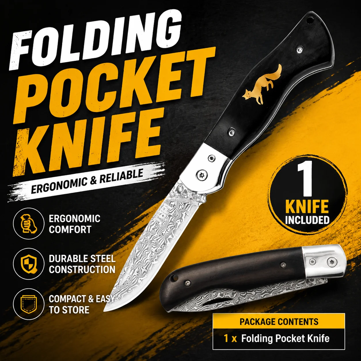 Damascus Pattern Folding Knife Multi-Purpose Outdoor Camping Quick Open Pocket Knife Stainless Steel Folding Knife