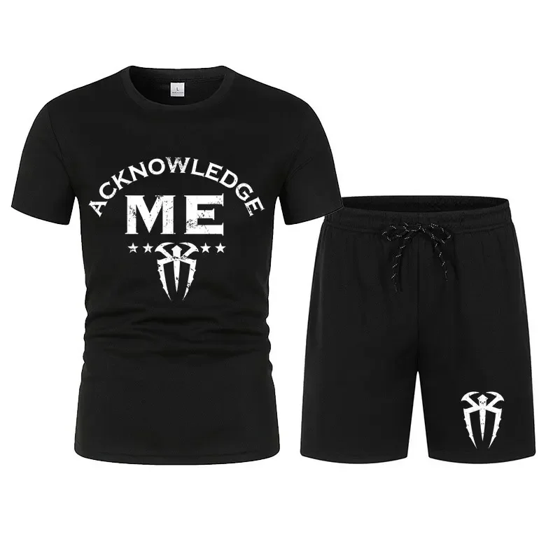 Herren Roman Reigns „Acknowledge Me“ T-Shirt Shorts Set Sommer Kurzarm Mann Overiszed Anzüge 2024 Neue Mode Kleidung Sets