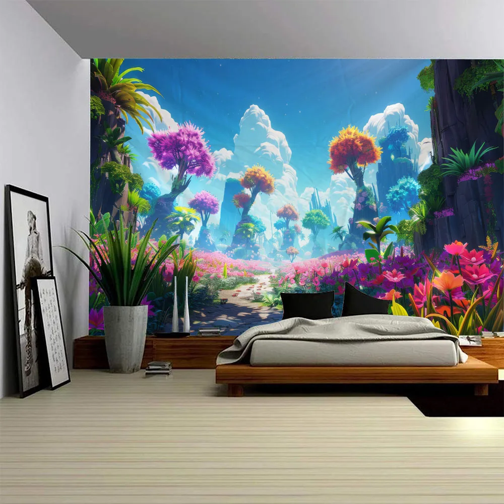 

Blue Sky, White Clouds, Flower Tapestry, Sunshine, Colorful Scenery, Home Decoration, Hanging Painting, Anime, Wall Hanging