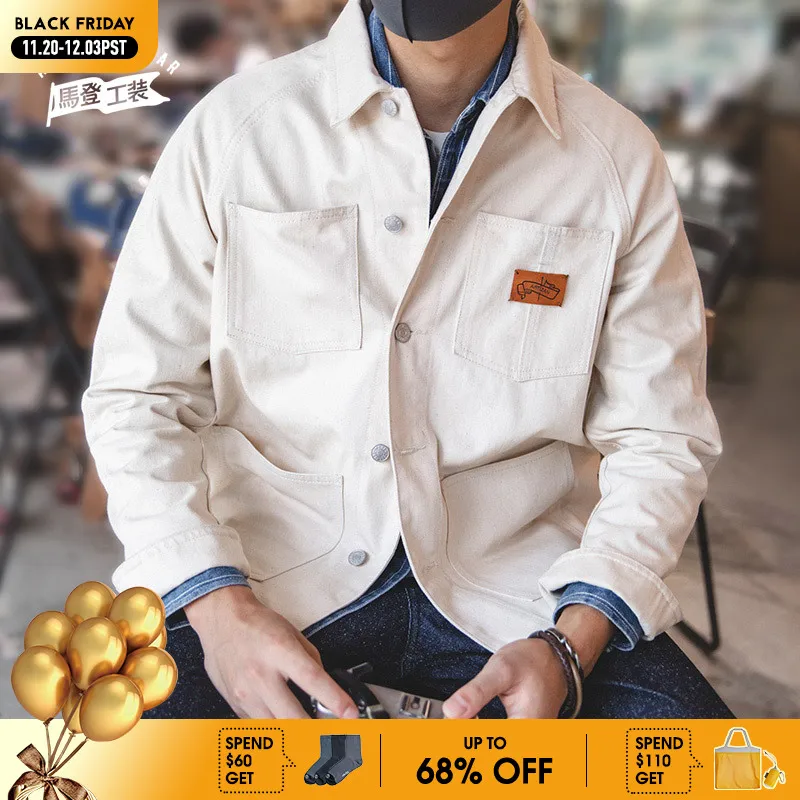 

Мужская джинсовая куртка Maden, белая винтажная куртка с квадратным вырезом и большими карманами, верхняя одежда для ранней осени, 2019