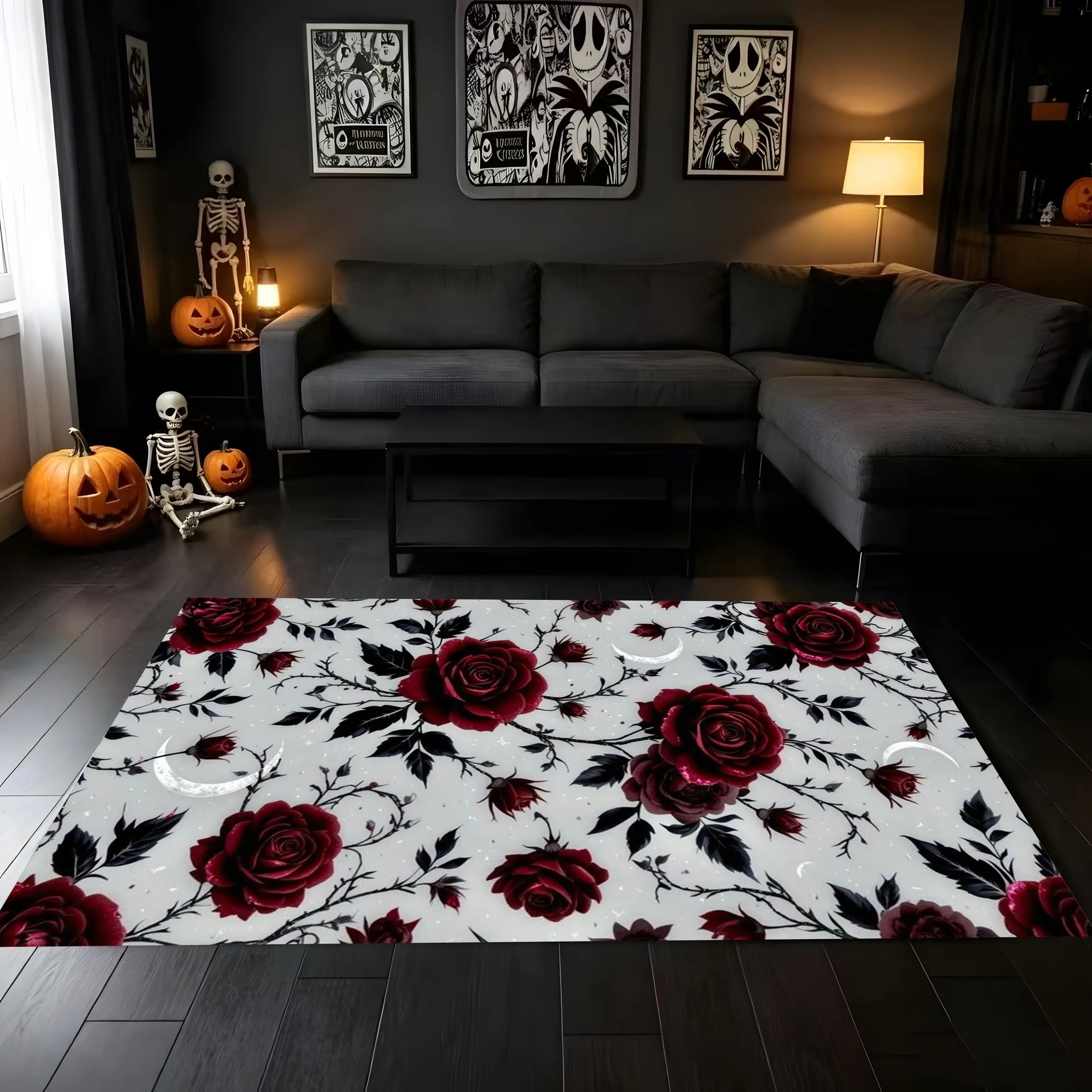 2D Large Carpet with Reading Ghost Pumpkin Print Sweet Cartoon Style Soft and Cute Bright and Adorable Halloween Atmosphere