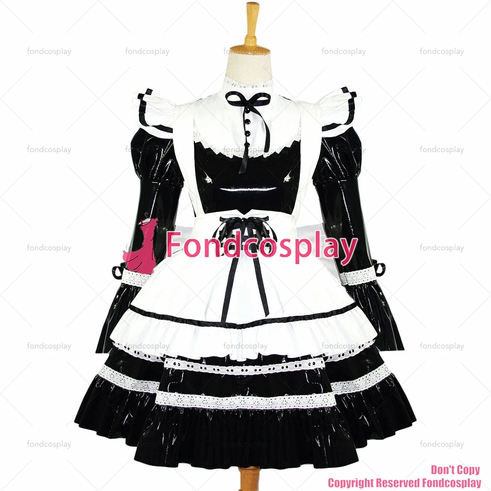 fondcosplay adult sexy cross dressing sissy maid short Black thin Pvc Dress Lockable Uniform white apron Custom-made[G616]