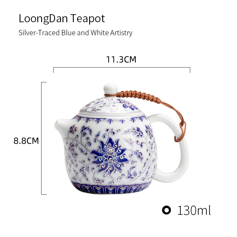 Drachenei-Teekanne aus Kaolin-Ton, Blau-Weiß mit Silberrand, Ineinandergreifender Lotus, 130ml, Unterglasur, Kung-Fu-Teegeschirr, Tee-Geschenk für Zuhause und Büro – Detail 3