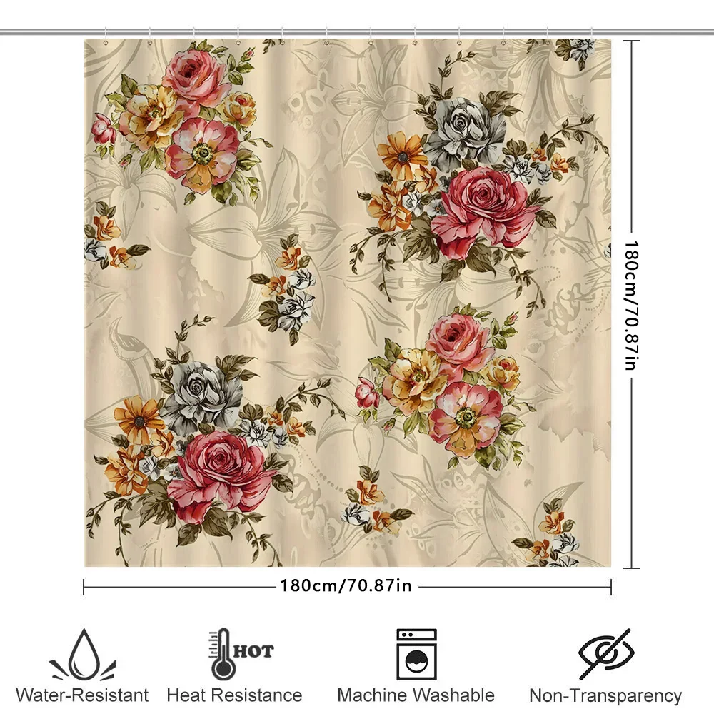 Eleganter Duschvorhang mit Vintage-Blumendruck, hochwertiger wasserdichter Stoff für Badezimmerdekoration, moderne Heimdekoration in Weiß, Rosa