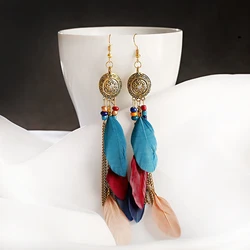 Trendy Bohemian Long Feather Drop Dangle Earrings For Women Crystal Flower Beads Handmade Wedding Vacation Boho Earrings Jewelry