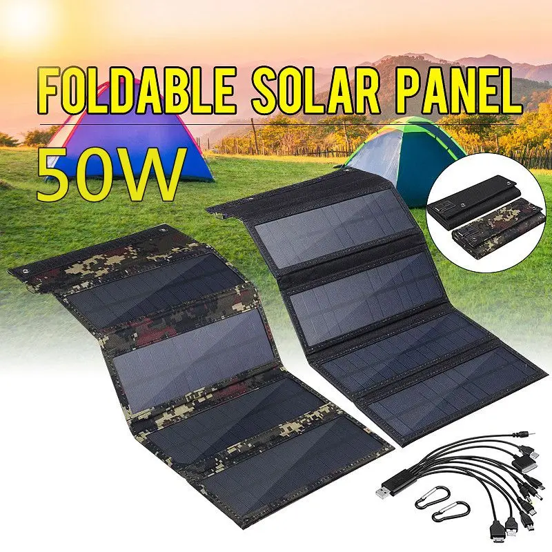 50W Foldable Solar Panel 5V Solar Power Solar Cells 10 in1 USB Cable Waterproof for Phone Backpack Camping Hiking