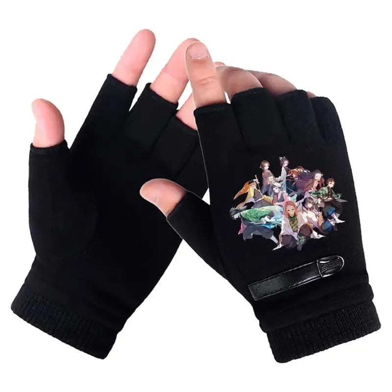 Anime Demon Slayer Student Half Finger Gloves New Winter Men Woman Fingerless Warm Knitted Gloves Outdoor Bicycle Gloves